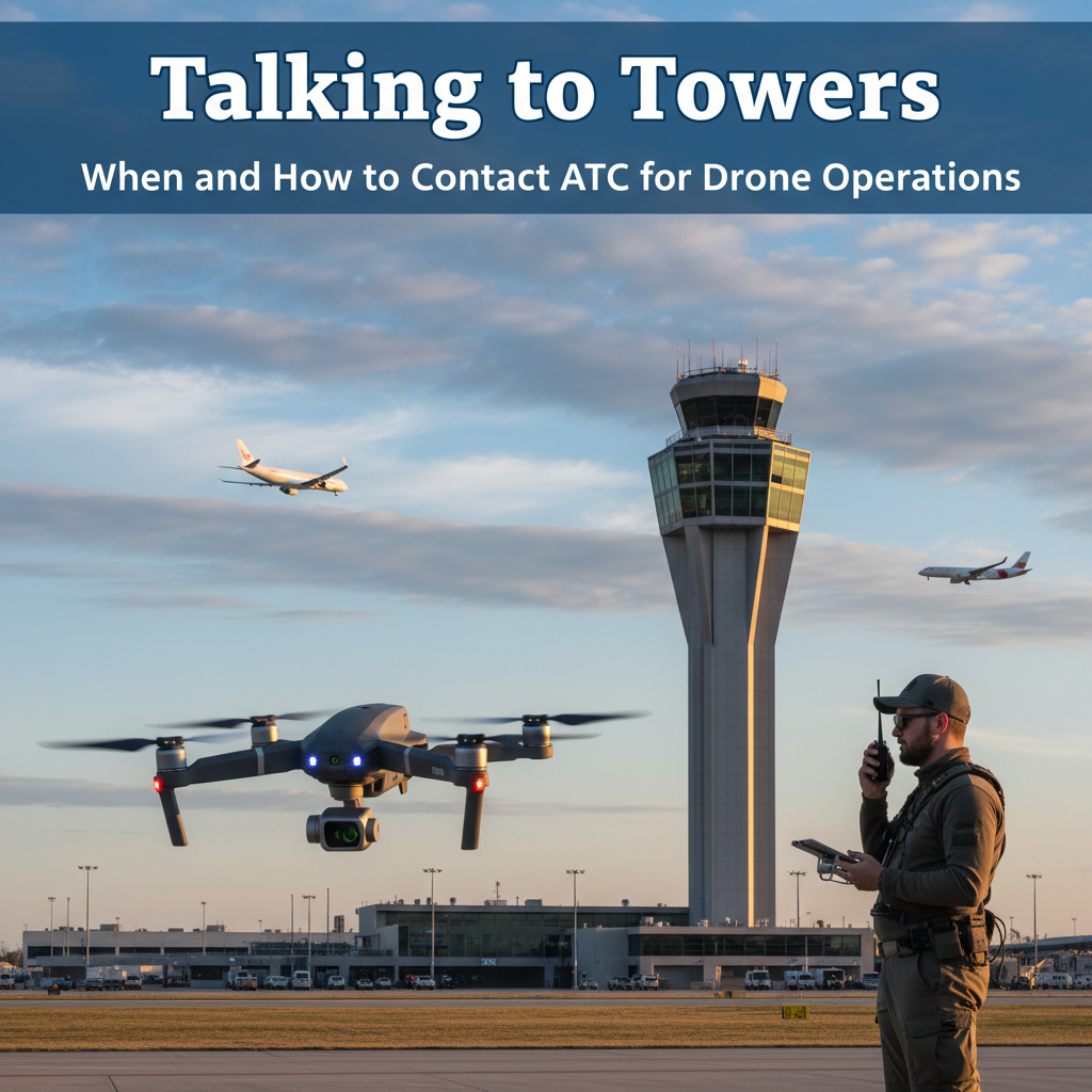 Professional blog header image for article titled: Talking to Towers - When and How to Contact ATC for Drone.... High quality, relevant imagery, clean composition.